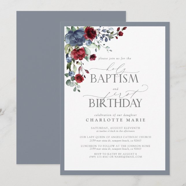 Invitation Elégant Dusty Burgundy Baptême 1er Anniversaire (Devant / Derrière)