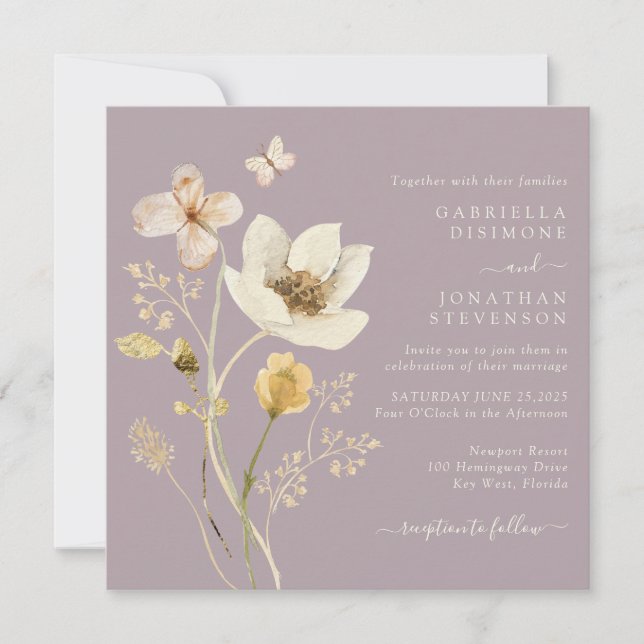 Invitation Elégant Dusty Mauve Aquarelle Fleur sauvage Mariag (Devant)