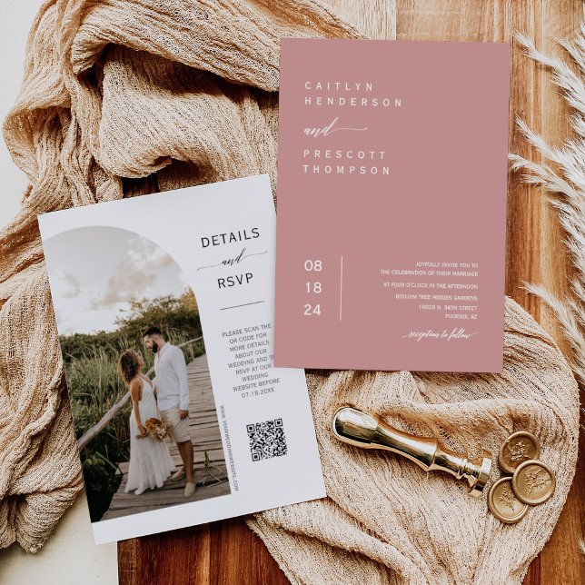 Invitation Elégant Dusty Pink Boho Arch Photo QR Code Mariage (Créateur téléchargé)