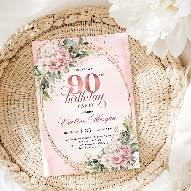 Invitation Elegant Dusty Pink Gold Greenery 90th Birthday  (Elegant Dusty Pink Gold Greenery 90th Birthday Invitation

)