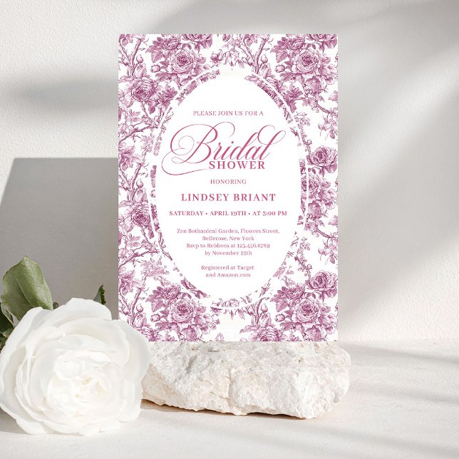 Invitation Elegant Dusty Pink Toile Roses Bridal Shower Invit (Elegant Dusty Pink Toile Roses Bridal Shower Invite)