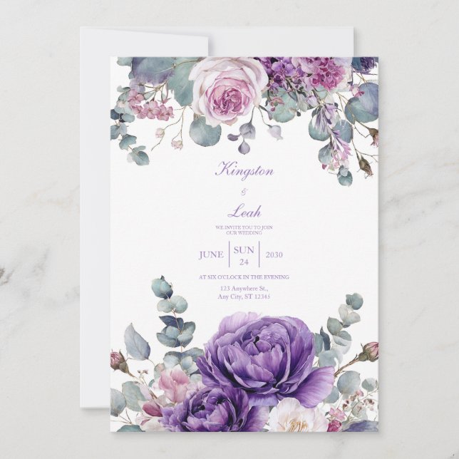 Invitation Elegant Dusty Purple Peony Eucalyptus Gold (Devant)