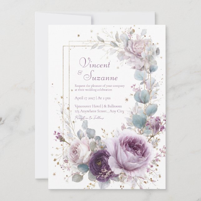 Invitation Elegant Dusty Purple Rose Eucalyptus Gold Glitter (Devant)