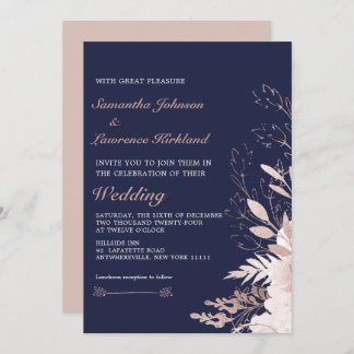 Invitation Elégant Dusty Rose blanc Floral Marine Mariage ble
