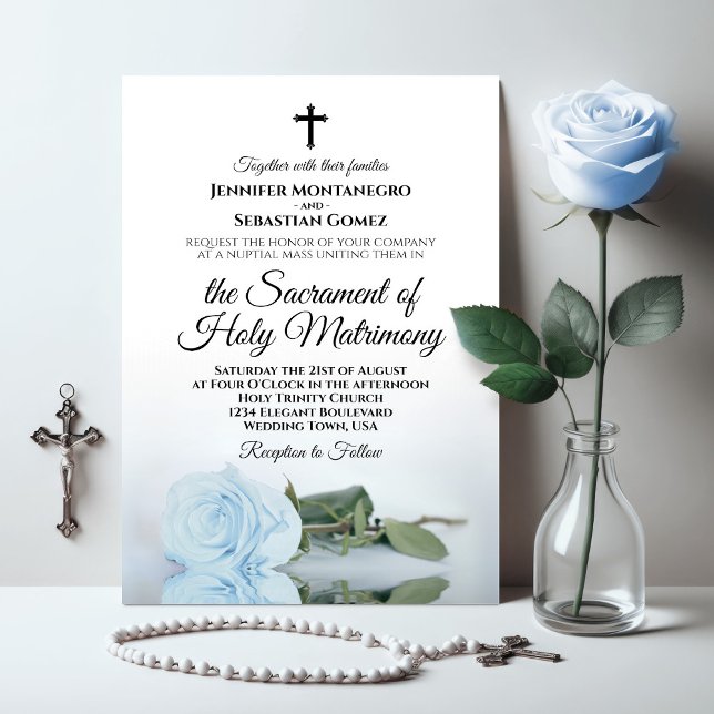 Invitation Elégant Dusty Rose bleu moderne Mariage catholique (Créateur téléchargé)