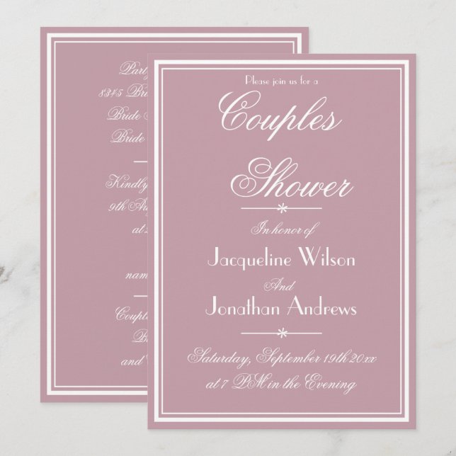 Invitation Élégant Dusty Rose Chic Script RSVP Couples Douche (Devant / Derrière)