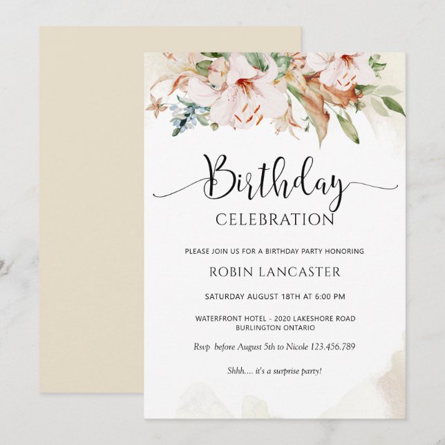 Invitation Elégant Dusty Rose et beige Floral Anniversaire (Devant / Derrière)