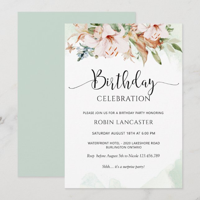 Invitation  Elégant Dusty Rose et Green Floral Anniversaire (Devant / Derrière)