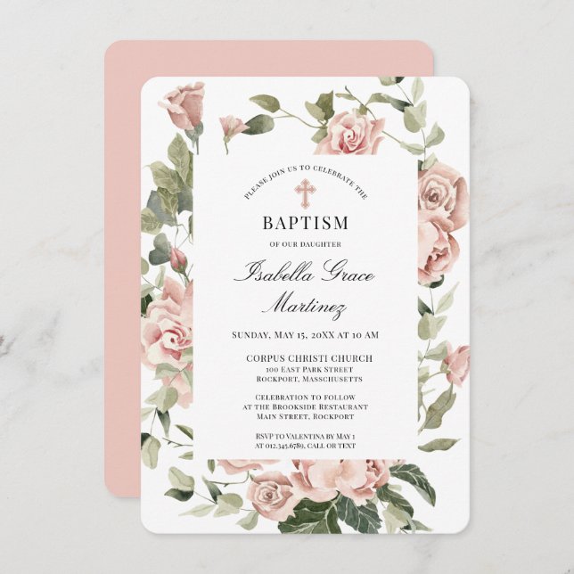 Invitation Élégant Dusty Rose Floral Cross Baptism (Devant / Derrière)