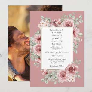 Invitation Elégant Dusty Rose Floral Gold Mariage Photo