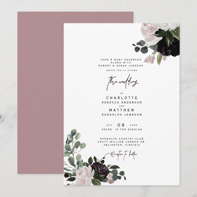 Invitation Élégant Dusty Rose Floral Les deux parents Mariage (Devant / Derrière)