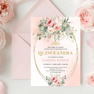 Invitation Elegant Dusty Rose Greenery Quinceañera Card