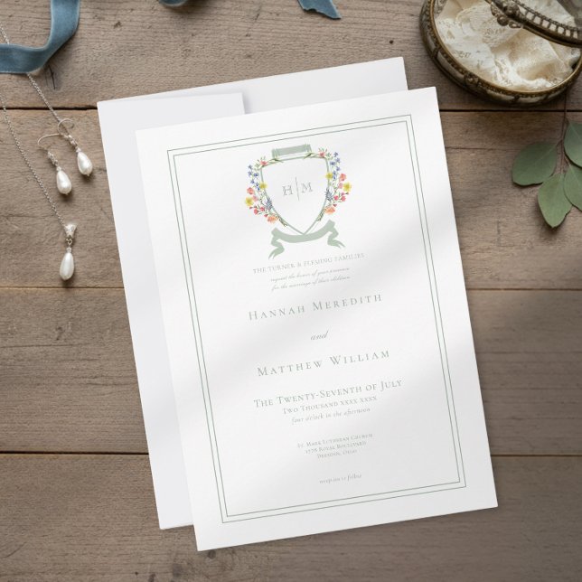 Invitation Elegant Dusty Sage Pastel Wildflower Crest Wedding (Créateur téléchargé)