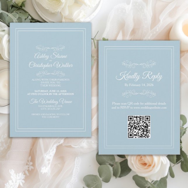 Invitation Elegant Dusty Sky Blue White QR code Wedding (Elegant dusty blue QR code wedding invitation)