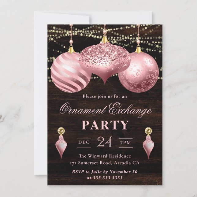 Invitation Élégant Échange d'ornement de Noël rose pâle (Devant)