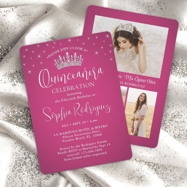 Invitation Élégant Éclairage Quinceañera 3 Photo Fuschia rose (Créateur téléchargé)