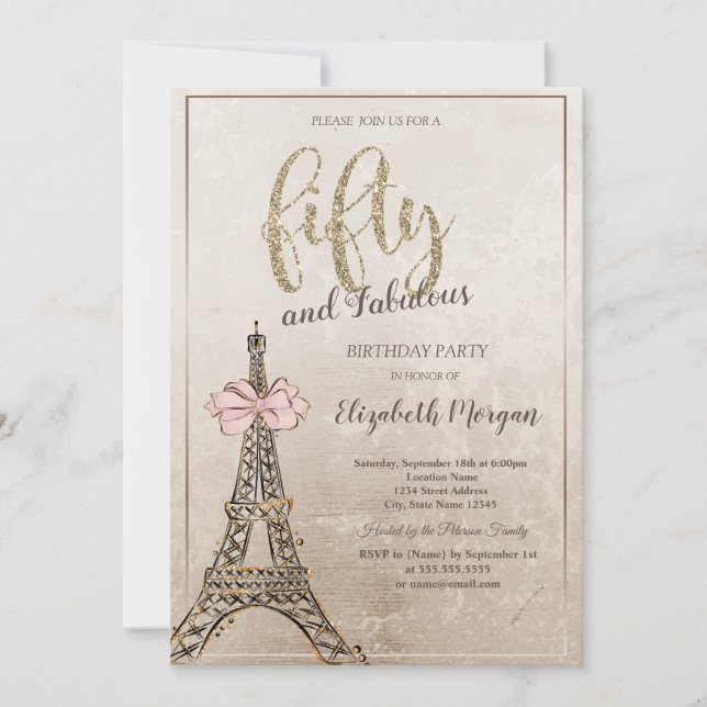Invitation Elegant Eiffel Tower Bow 50th Birthday (Devant)