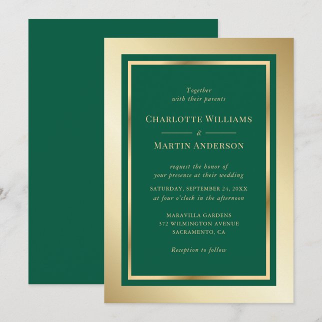 Invitation Elegant Emerald Green and Gold Wedding (Devant / Derrière)