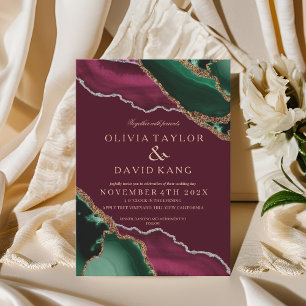 Invitation Élégant Emerald Green & Burgundy Agate Mariage