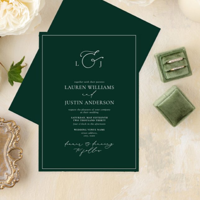 Invitation Élégant Emerald Green Calligraphie Monogramme Mari (Créateur téléchargé)