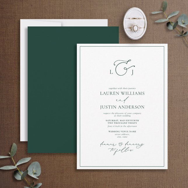 Invitation Élégant Emerald Green Calligraphie Monogramme Mari (Créateur téléchargé)