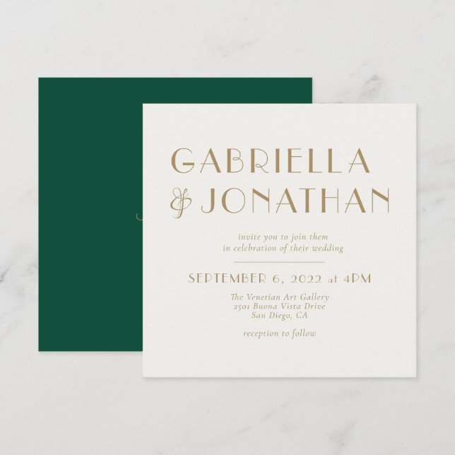 Invitation Élégant Emerald Green Cream Mariage or (Devant / Derrière)