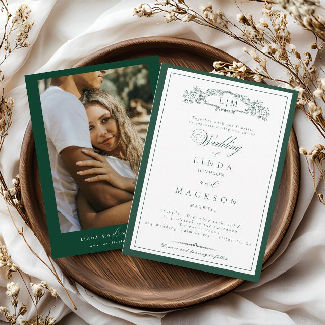 Invitation Elegant Emerald Green  Crest Monogram Wedding   In (Créateur téléchargé)