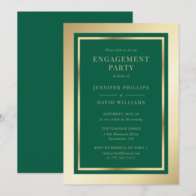 Invitation Élégant Emerald Green et Gold Engagement Party (Devant / Derrière)