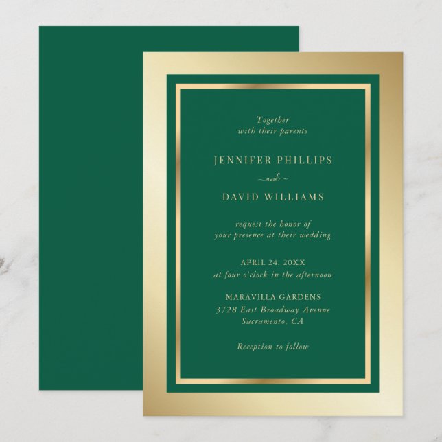 Invitation Élégant Emerald Green et Mariage or (Devant / Derrière)