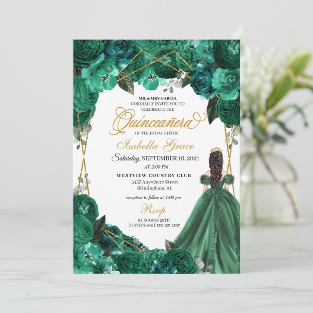 Invitation Elégant Emerald Green Floral Quinceanera Invitatia (Debout devant)