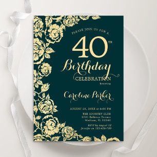 Invitation Élégant Emerald Green Gold Roses 40e anniversaire