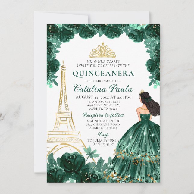 Invitation Elégant Emerald Green Gold Tiara Paris Quinceañera (Devant)
