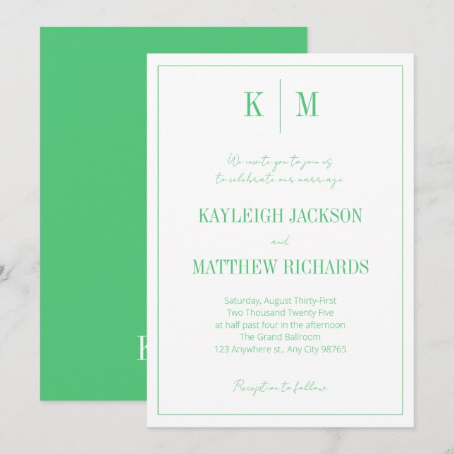 Invitation Elegant Emerald Green Monogram Wedding  (Devant / Derrière)