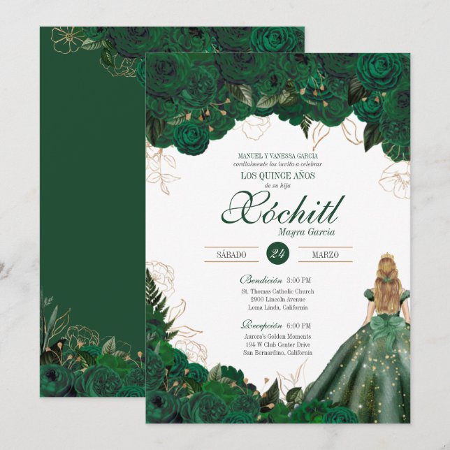 Invitation Élégant Emerald Green Roses Quince Anos Anniversai (Devant / Derrière)