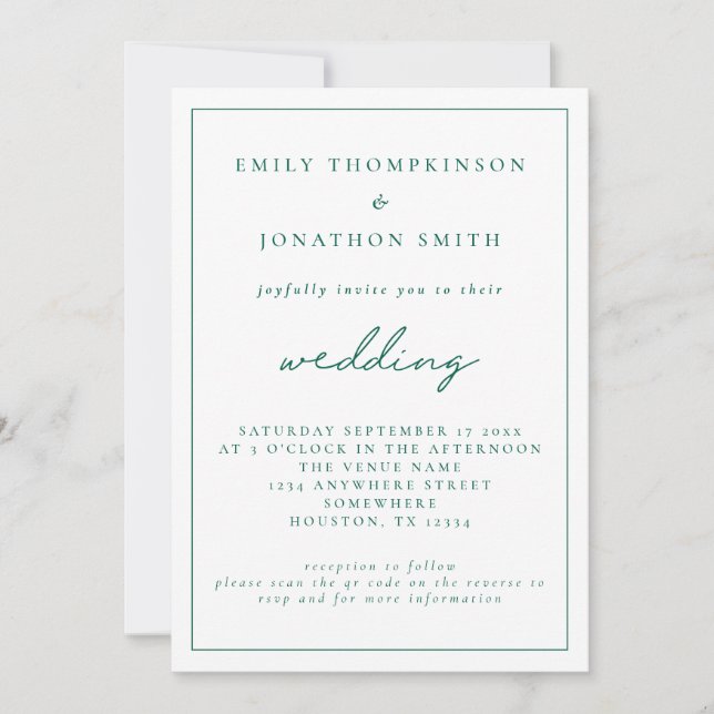 Invitation Élégant Emerald Green Script QR Code Mariage (Devant)
