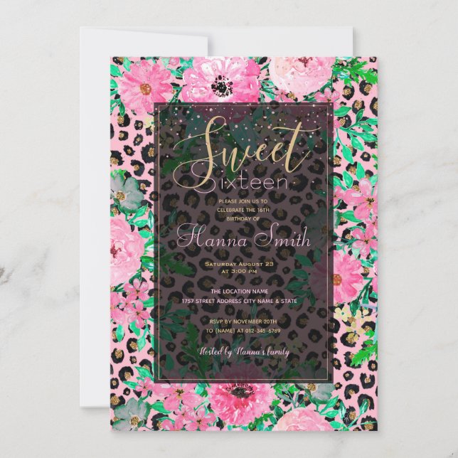 Invitation Elégant Empreinte de léopard rose et design floral (Devant)