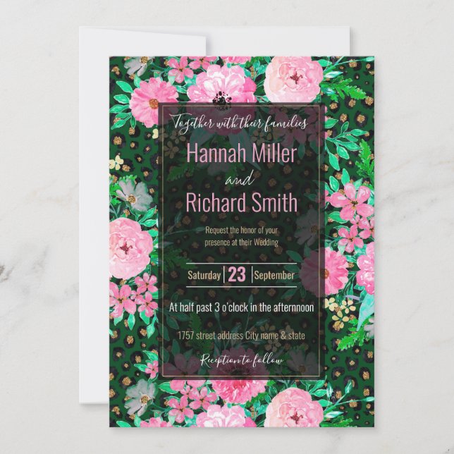 Invitation Élégant Empreinte de léopard rose floral vert desi (Devant)