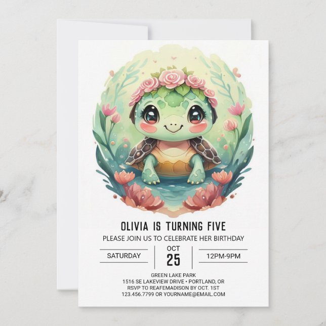 Invitation Elégant en ligne tortue fille Anniversaire (Devant)