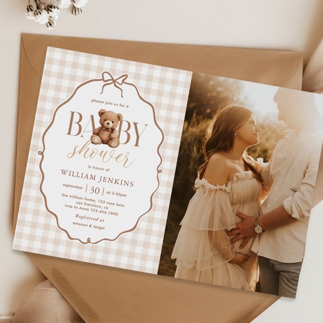 Invitation Elégant En vichy Teddy Bear Baby shower Photo (Créateur téléchargé)