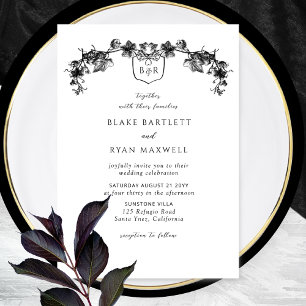 Invitation Élégant Enchanteur noir Garlands Monogram Mariage