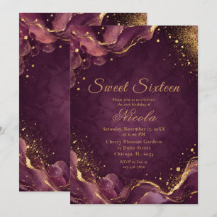 Invitation Élégant Encre Alcoolique Prune et Or Sweet Sixteen