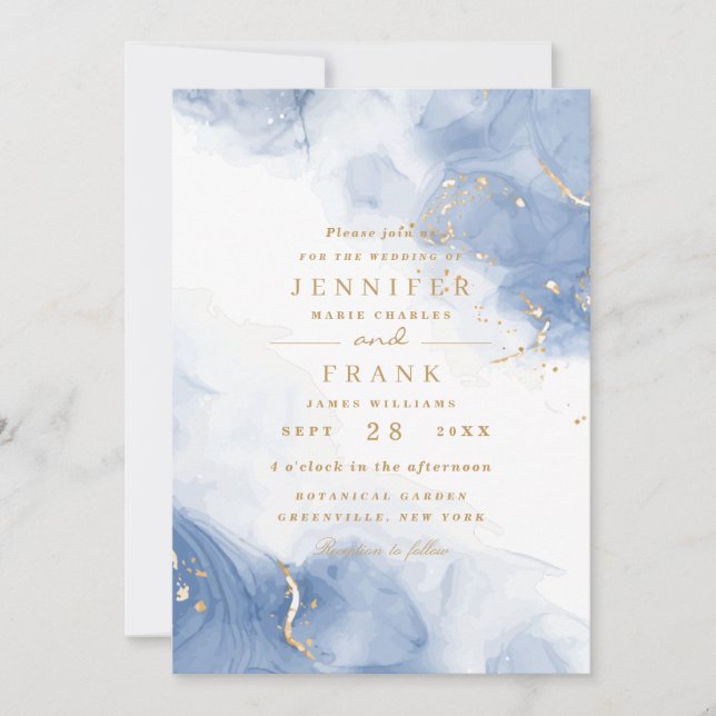 Invitation Élégant Encre d'alcool Or Bleu Minimal Blanc moder (Devant)