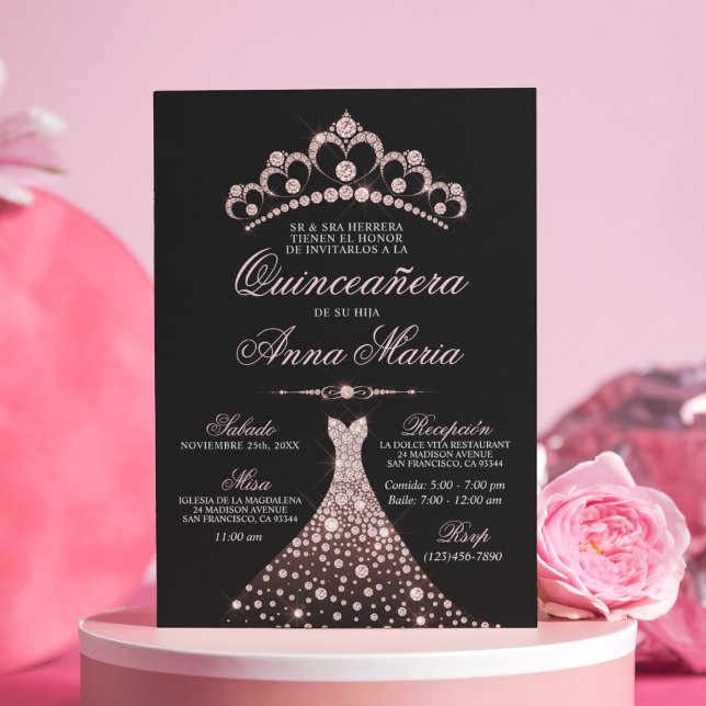 Invitation Elégant espagnol Quinceañera Mis Quince rose (Créateur téléchargé)