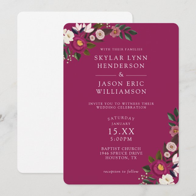 Invitation Élégant et d'humeur florale aquarelle mariage bord (Devant / Derrière)