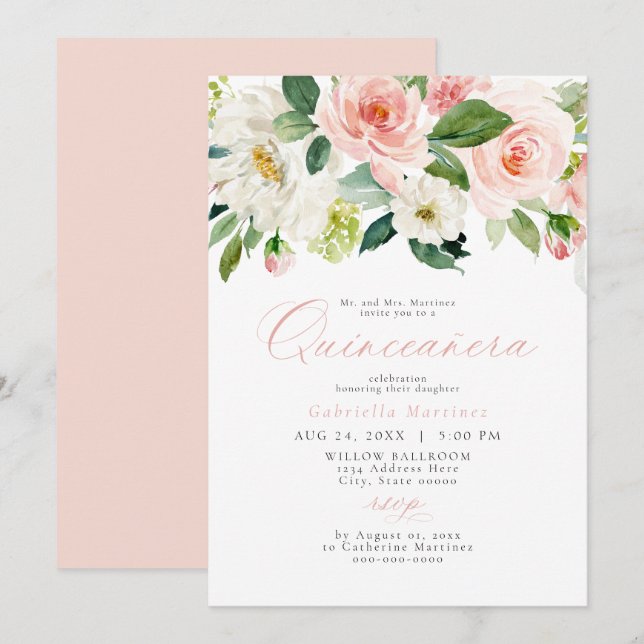 Invitation Élégant et doux Blush rose Floral Quinceañera (Devant / Derrière)