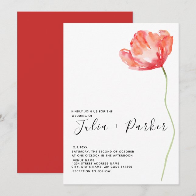 Invitation Élégant et moderne Mariage rouge de pavot (Devant / Derrière)