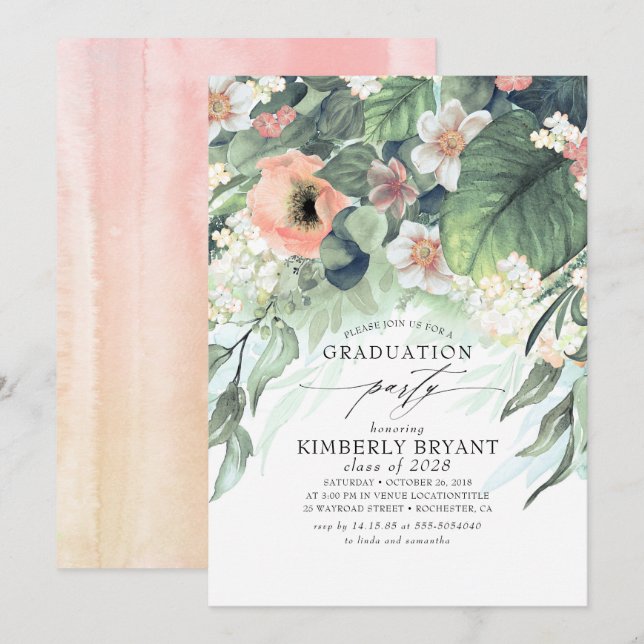 Invitation Élégant et stylé de graduation floral rose et pêch (Devant / Derrière)