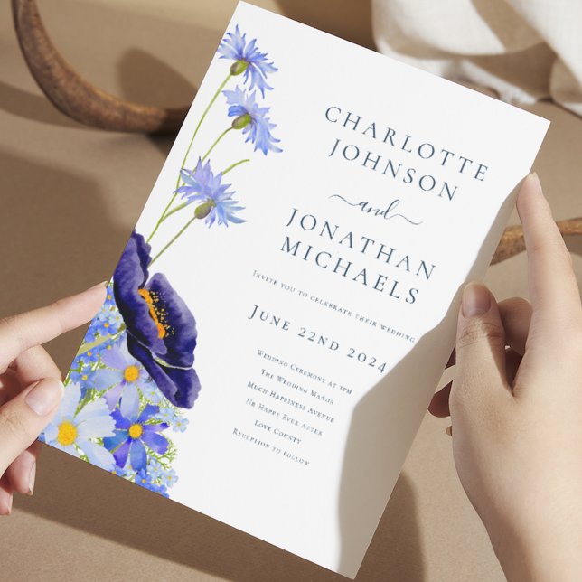 Invitation Elégant été floral bleu (watercolor wildflowers blue summer floral wedding invitation with elegant typography script)