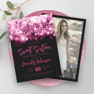 Invitation Élégant étincelle rose chaud éclat photo Sweet 16
