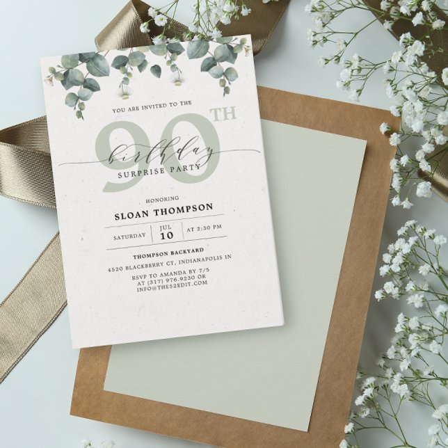 Invitation Elégant Eucalyptus 90 Anniversaire Surprise Invita (Créateur téléchargé)